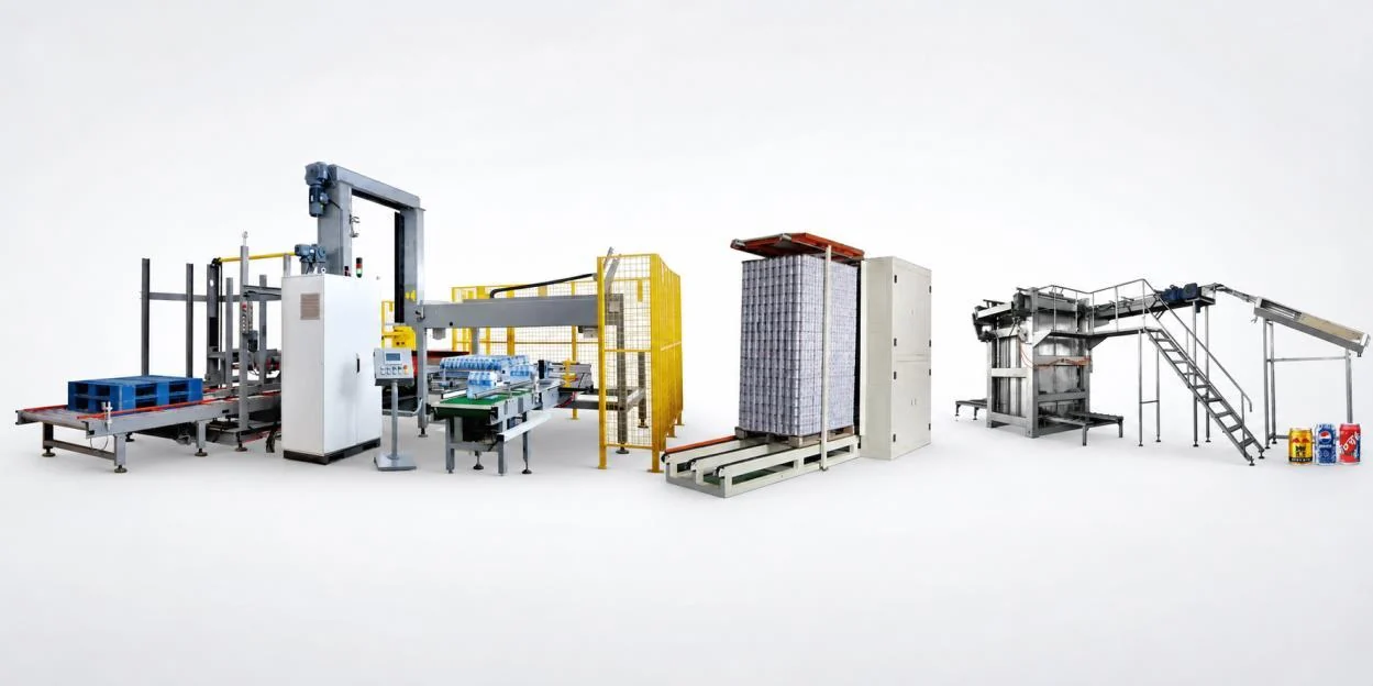 Beverage palletizing and depalletizing line reference configuration